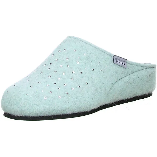 Tofee Damen Hausschuhe Pantoffeln Naturwollfilz (Glitzersteine) Türkis